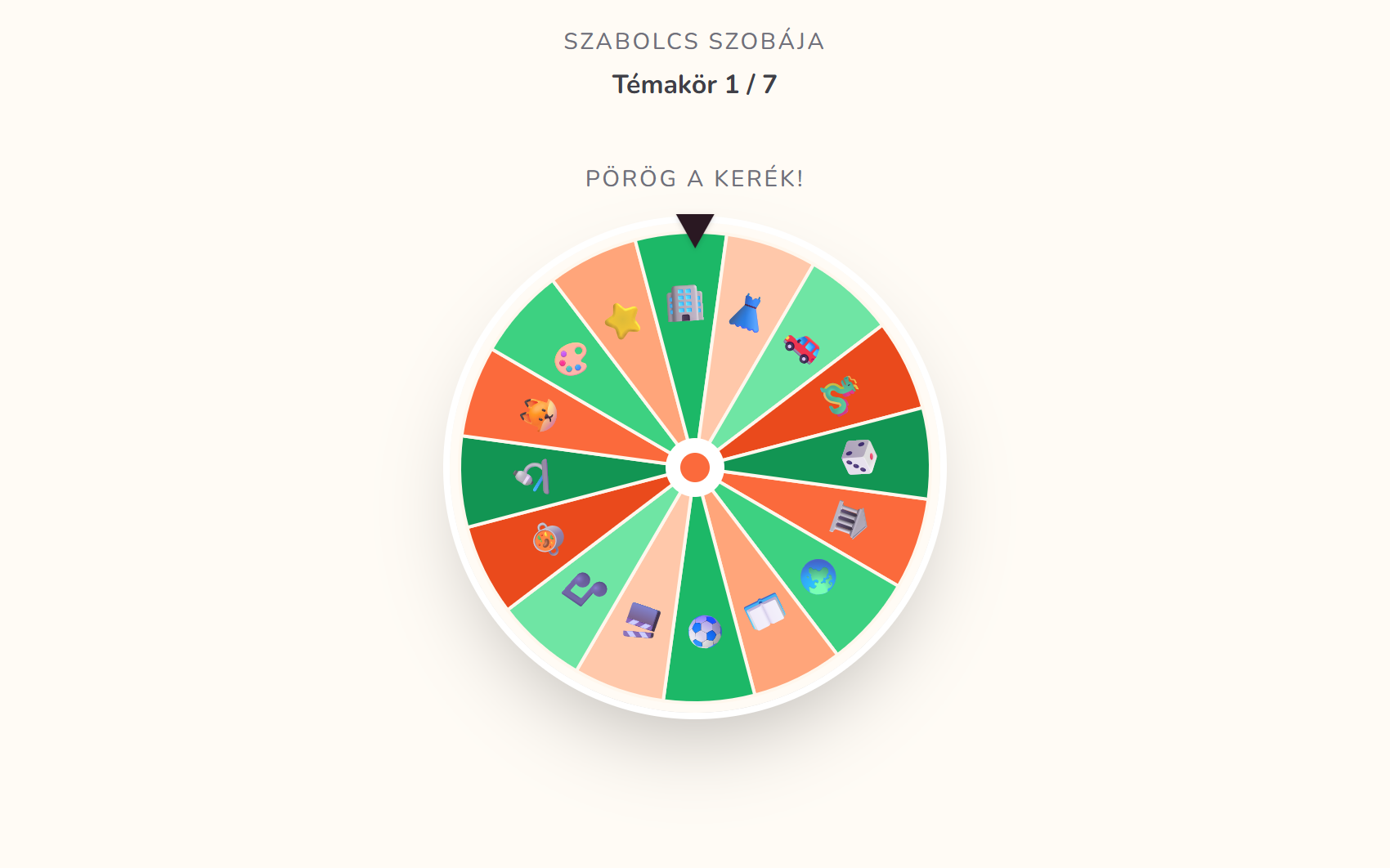 The wheel spinning: sixteen topics, each with its own icon, under the room’s name and the topic count