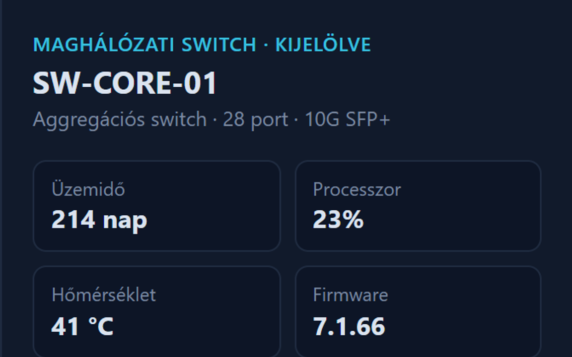 A close-up of the selected core switch: uptime, processor, temperature and firmware