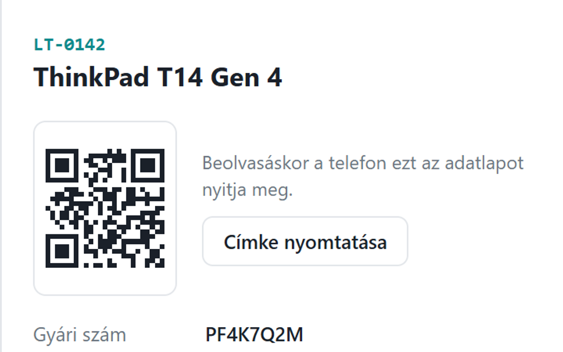 A close-up of a device record: its ID, its QR code and label printing