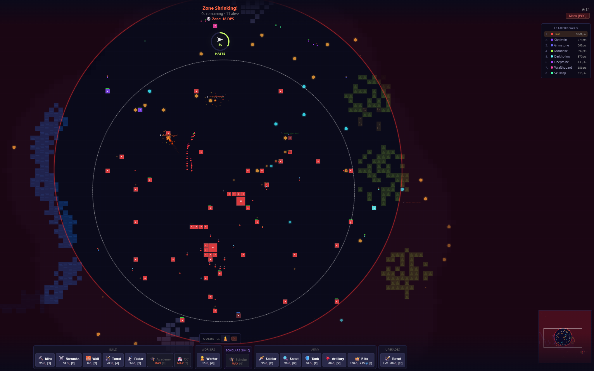 The end of a match: the red ring of the shrinking zone, dozens of units fighting in the middle, with the leaderboard and minimap beside them