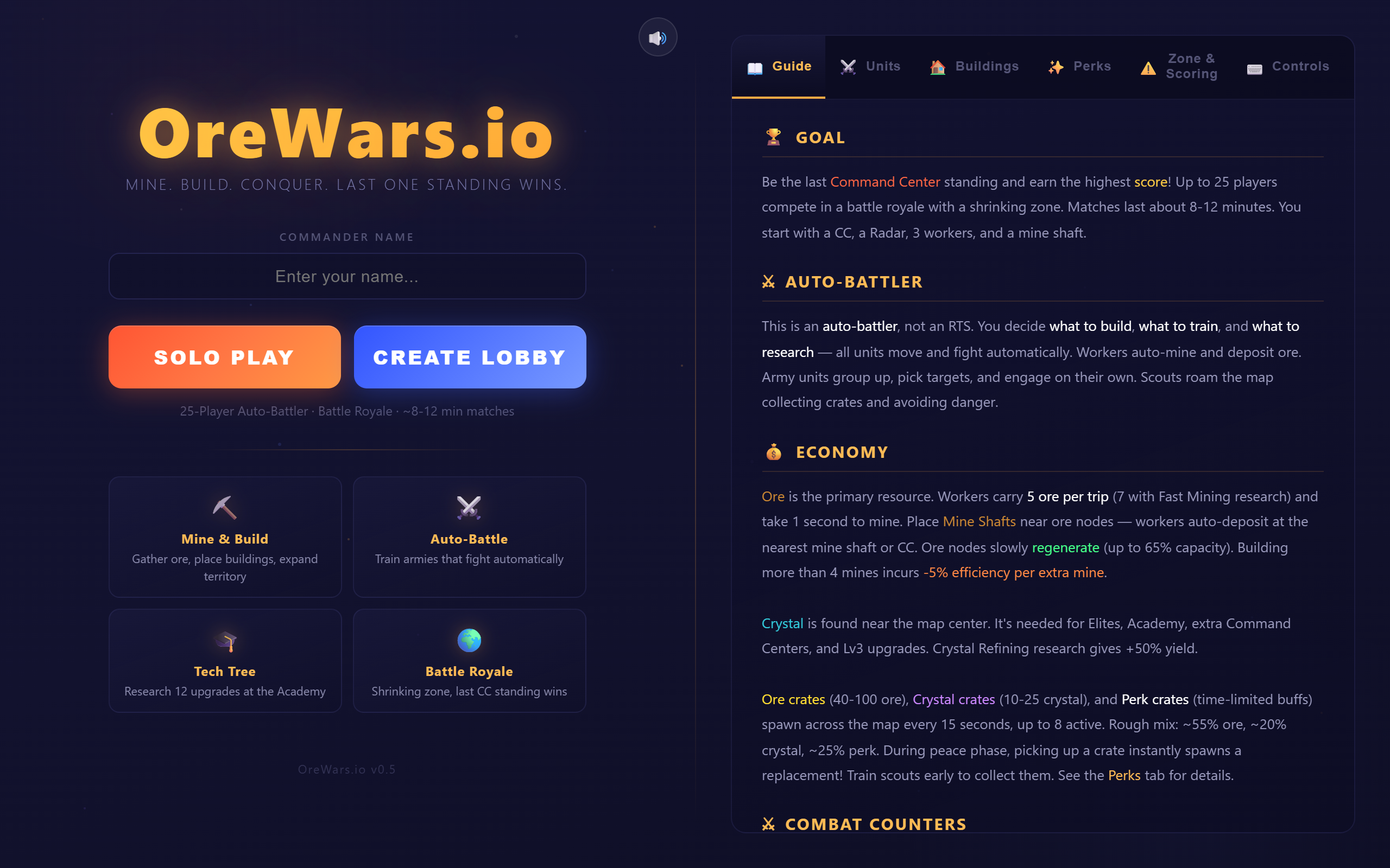 The OreWars.io main menu: name entry, solo play and lobby buttons, with the in-game guide beside them